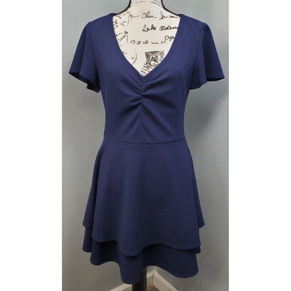 B. Darlin Mini Fit & Flare Dress Womens 13/14 Navy Lined Cap Sleeve Back Zip